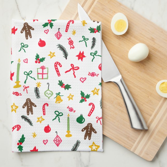 Cute Doodle Whimsical Christmas Holiday Hand-drawn Tea Towel (Quarter Fold)