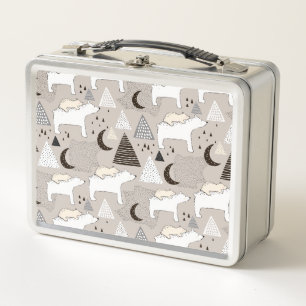 Cute Doodle Woodland Bear Pattern Metal Lunch Box