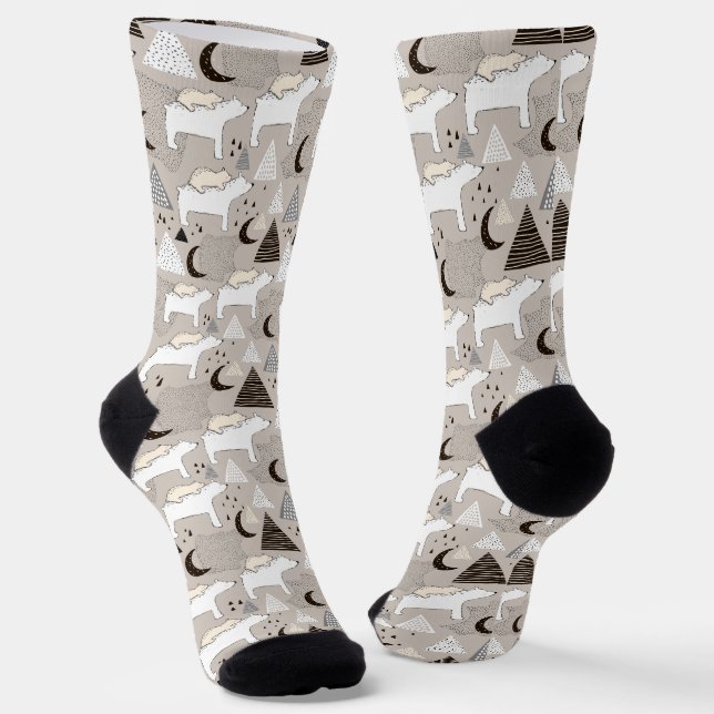 Cute Doodle Woodland Bear Pattern Socks (Angled)
