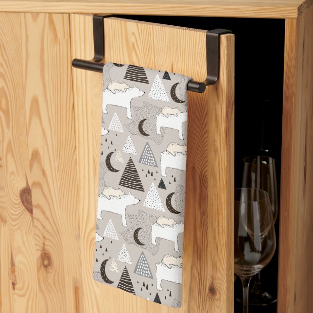 Cute Doodle Woodland Bear Pattern Tea Towel (Thirds Fold)