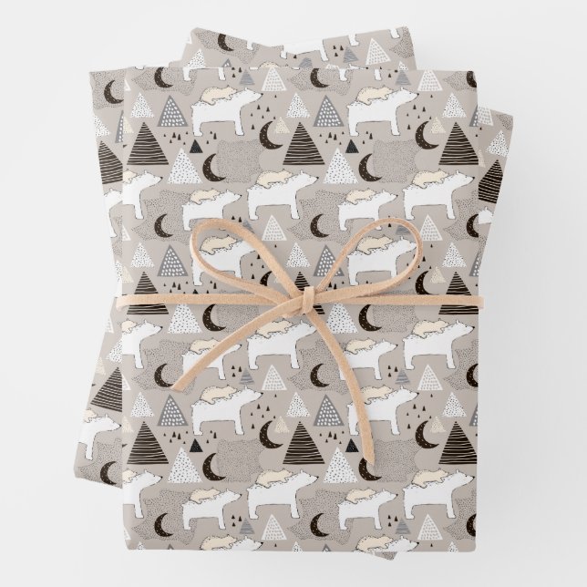 Cute Doodle Woodland Bear Pattern Wrapping Paper Sheet (In situ)