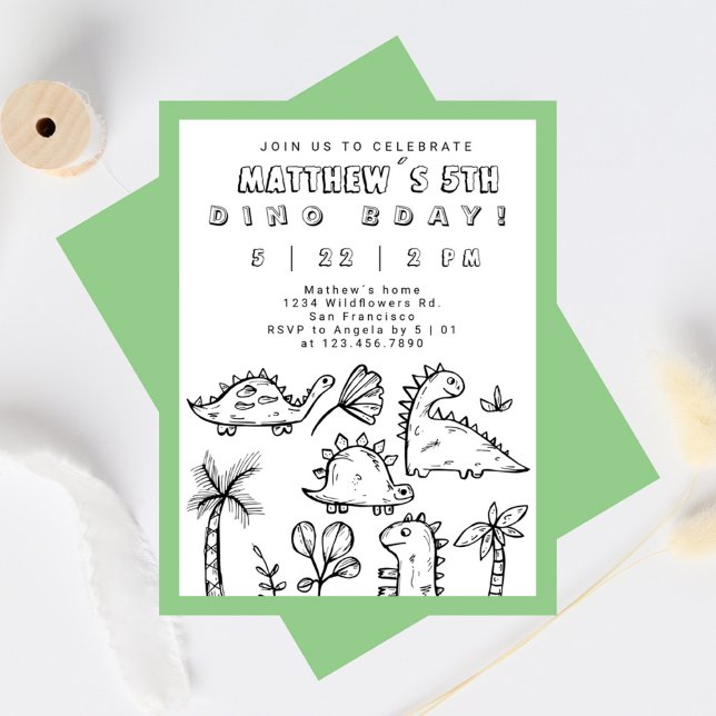 Cute Doodles Sage Green Dino Party Kid´s Birthday Invitation (Cute Dino Doodles Sage Green Dino Party Kid´s Birthday Invitation)