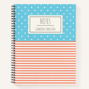 Cute Dots and Stripes Coral and Blue Personalised Notebook