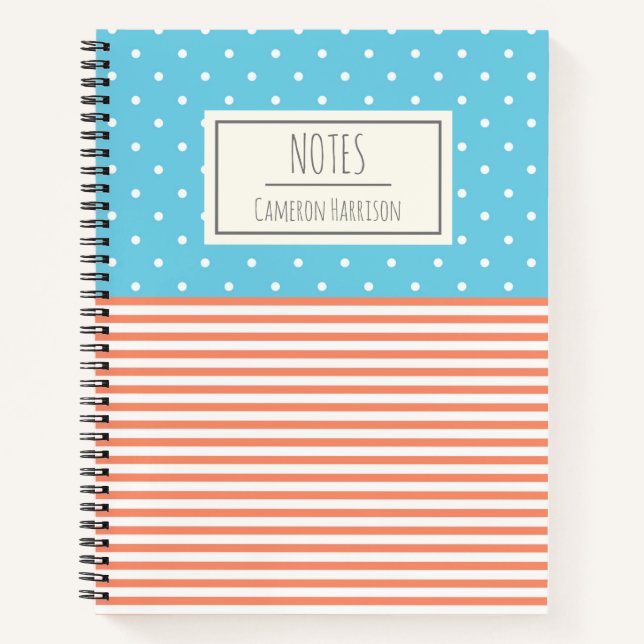 Cute Dots and Stripes Coral and Blue Personalised Notebook (Front)