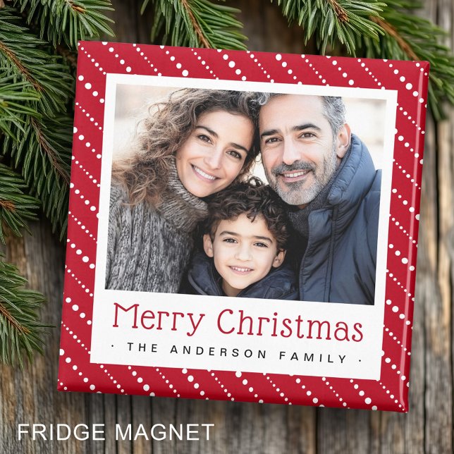 Cute dotted stripes merry Christmas red photo Magnet (Cute dotted stripes merry Christmas red photo Magnet)