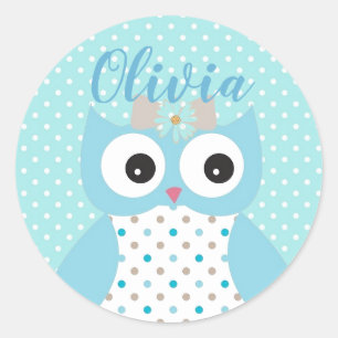 Cute Dotty Blue Owl Art Personalised Girls Classic Round Sticker