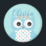 Cute Dotty Blue Owl Art Personalised Girls Magnet<br><div class="desc">Adorable owl art and polka dot pattern on personalised magnet.</div>