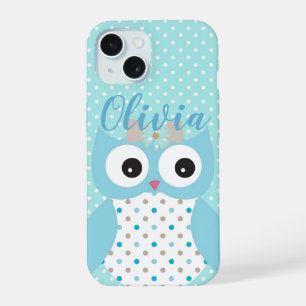Cute Dotty Blue Owl Art Personalised iPhone 15 Case