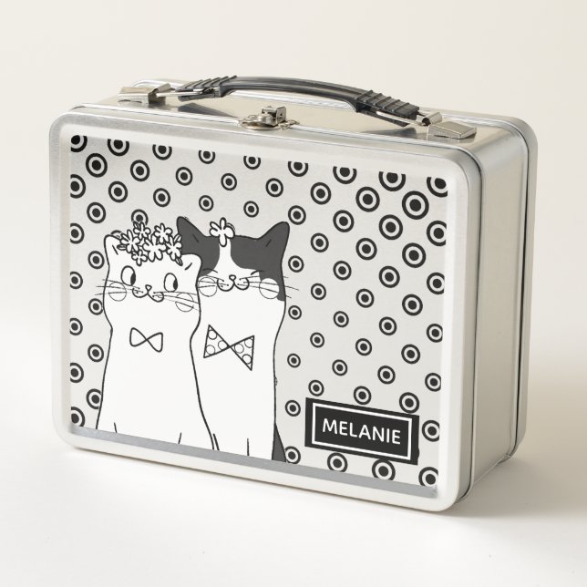 Cute Dotty Cats in Love Personalised Metal Lunch Box (Front)