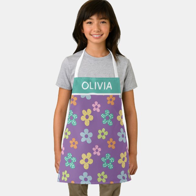 Cute Dotty Flower Pattern Purple Personalised Apron (Insitu)