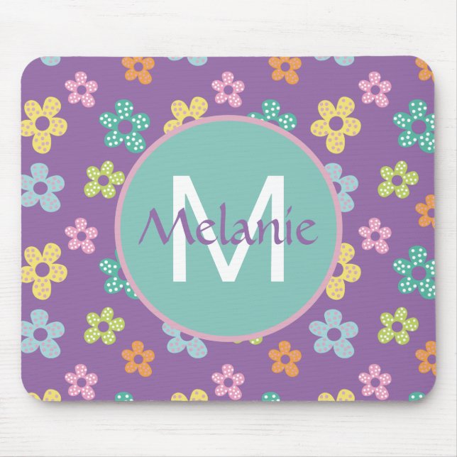 Cute Dotty Flower Pattern Purple Personalised Mouse Mat (Front)
