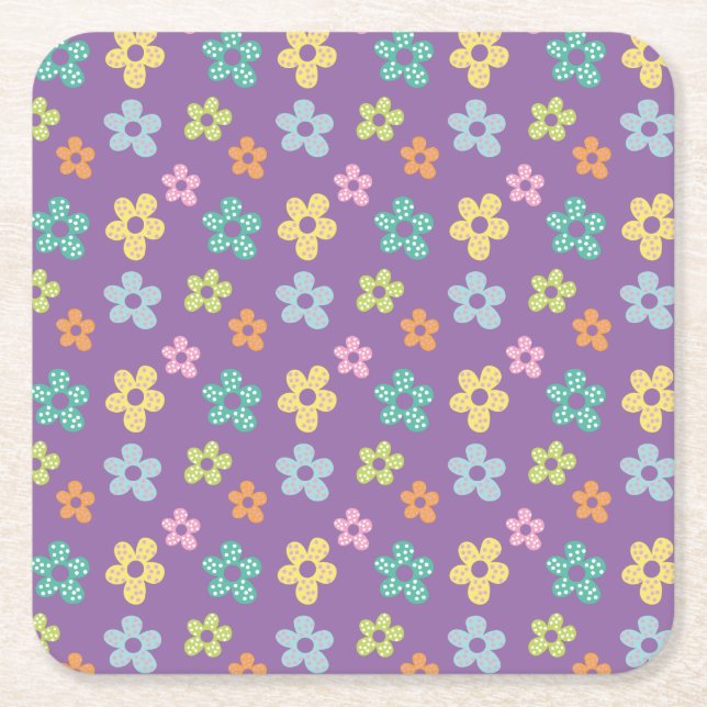 Cute Dotty Flower Pattern Purple Square Paper Coaster (Front)