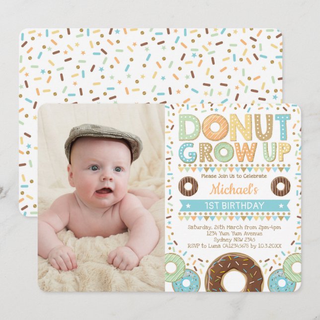 Cute Doughnut 1st Birthday Doughnut Sprinkles Boy Invitation (Front/Back)