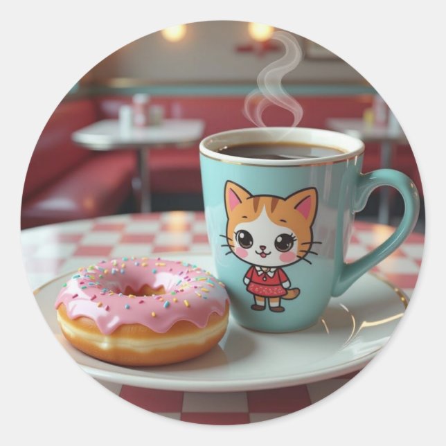 Cute Doughnut and Coffee at Retro Diner Classic Round Sticker (Front)