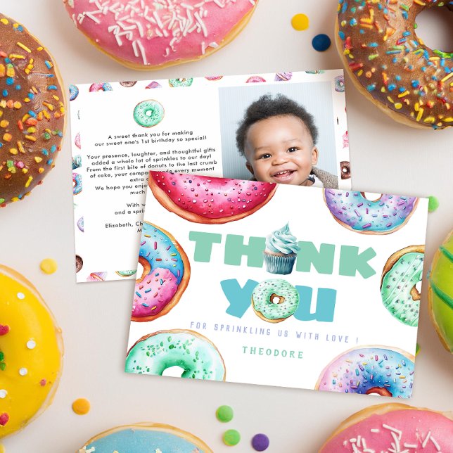 Cute Doughnut Boy Custom Message Kids Birthday Pho Thank You Card (Creator Uploaded)