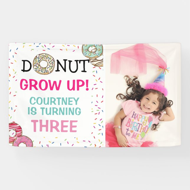 Cute Doughnut Grow Up | Photo Birthday Banner (Horizontal)