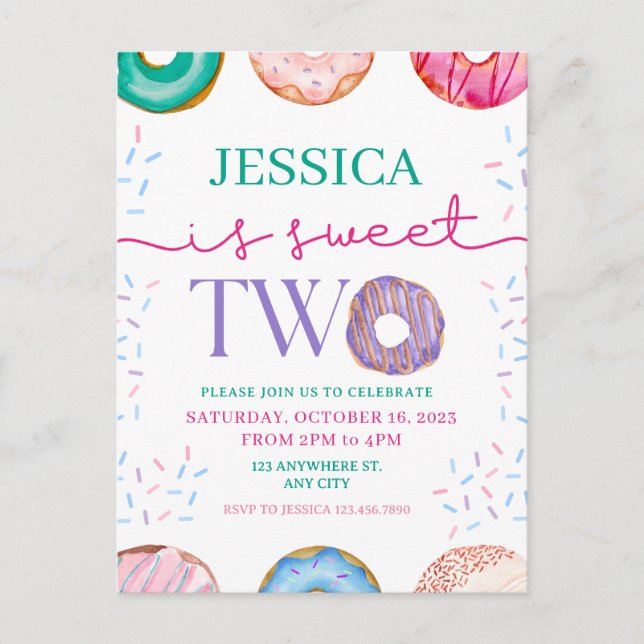 Cute Doughnut Party Sweet two 2nd birthday Postcard (Front)