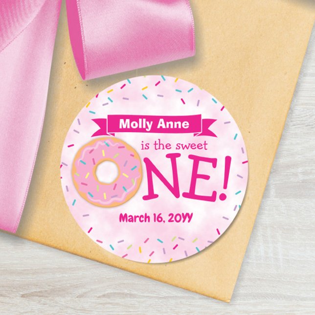 Cute Doughnut Rainbow Sprinkles Girl First Birthda Classic Round Sticker (Creator Uploaded)