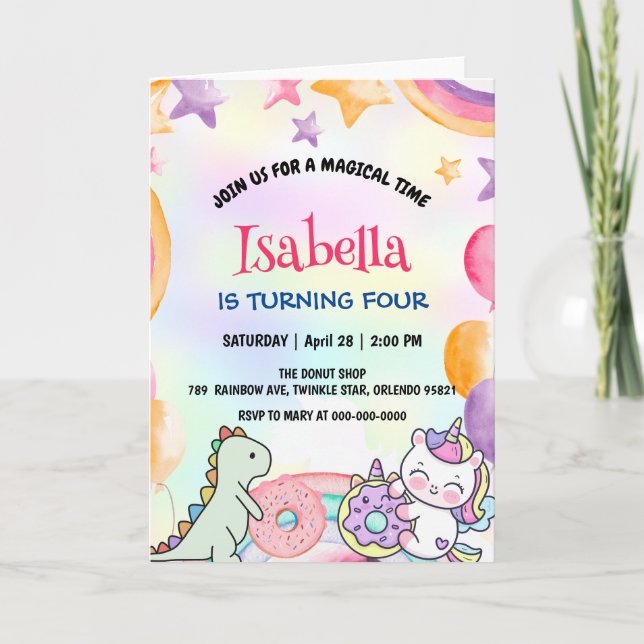 Cute Doughnuts Dino Unicorn Birthday Rainbow Party Invitation (Front)