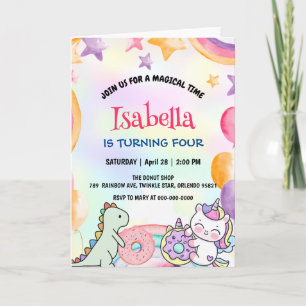Cute Doughnuts Dino Unicorn Birthday Rainbow Party Invitation
