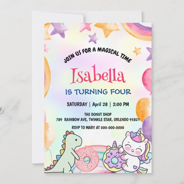 Cute Doughnuts Dino Unicorn Birthday Rainbow Party Invitation (Front)