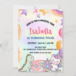 Cute Doughnuts Dino Unicorn Birthday Rainbow Party Invitation
