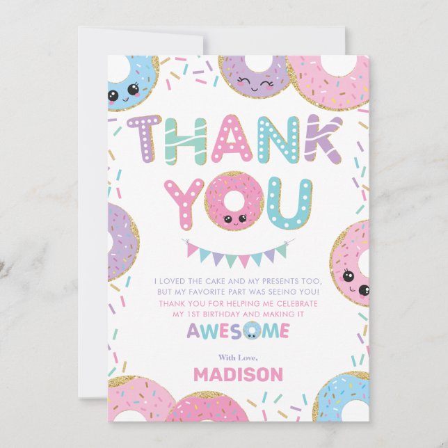 Cute Doughnuts Doughnuts Sprinkles Birthday Party Thank You Card (Front)
