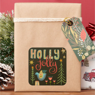 Cute Dove Holly Jolly Folk Christmas Inspirivity  Square Sticker