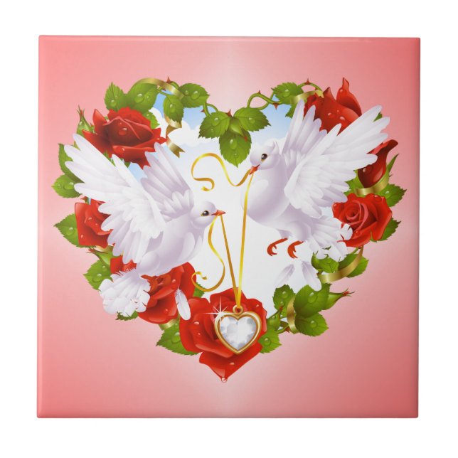Cute Doves, Red Roses, Heart, Tile (Front)