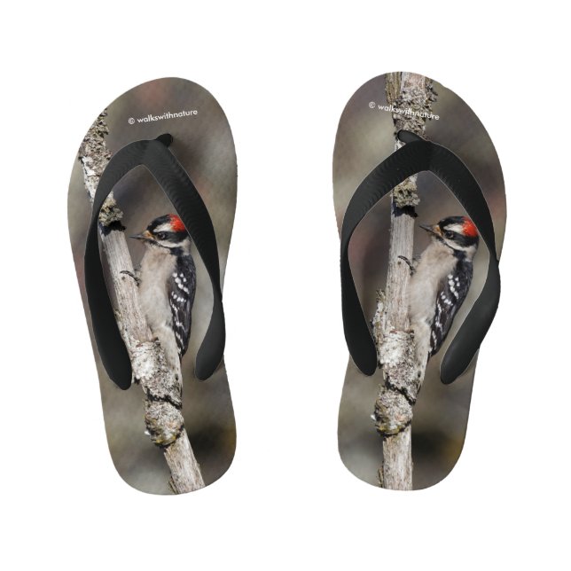 Cute Downy Woodpecker Bird on Branch Kid's Flip Flops (Footbed)