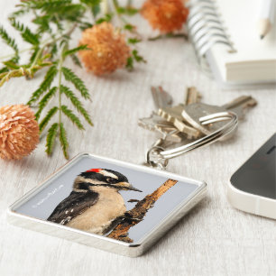 Cute Downy Woodpecker on Fruit Tree Key Ring