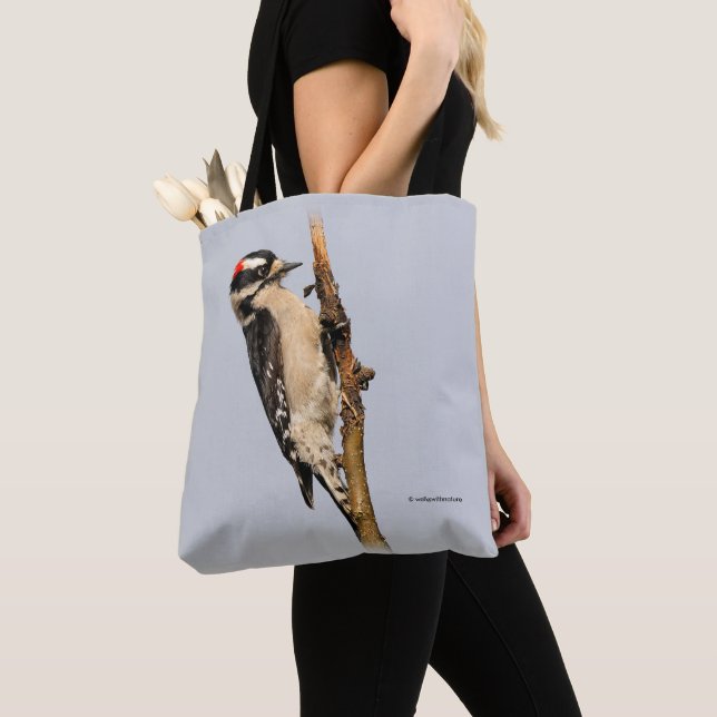 Cute Downy Woodpecker on Fruit Tree Tote Bag (Close Up)