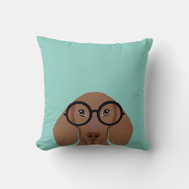 Cute Doxie with Hipster Fashion Glasses - Daschund Cushion (Front)
