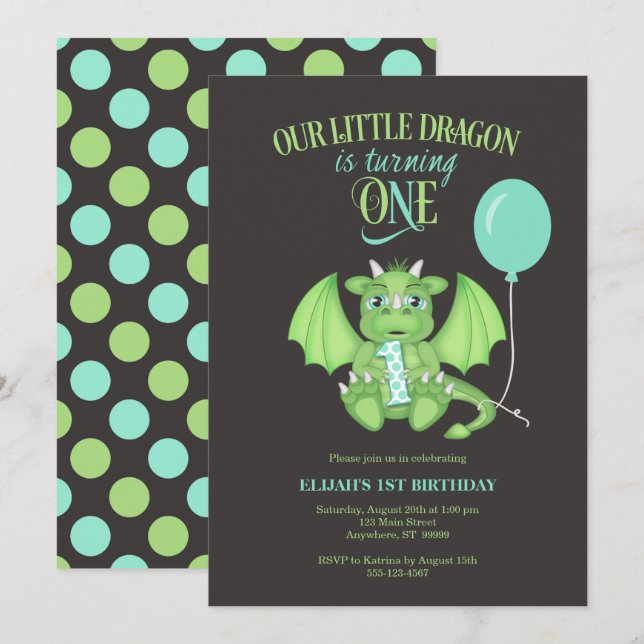 Cute Dragon 1st Birthday Invitation (Front/Back)