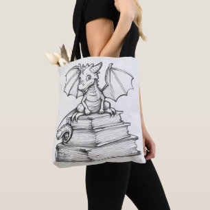 Cute Dragon and Books Tote Bag