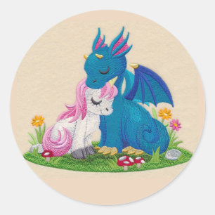 Cute Dragon and Unicorn In Love Classic Round Sticker