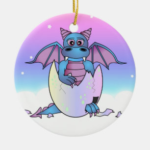 Cute Dragon Baby in Cracked Egg - Blue / Purple Ceramic Tree Decoration