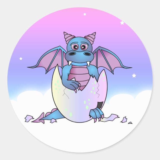 Cute Dragon Baby in Cracked Egg - Blue / Purple Classic Round Sticker (Front)