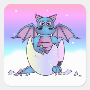 Cute Dragon Baby in Cracked Egg - Blue / Purple Square Sticker