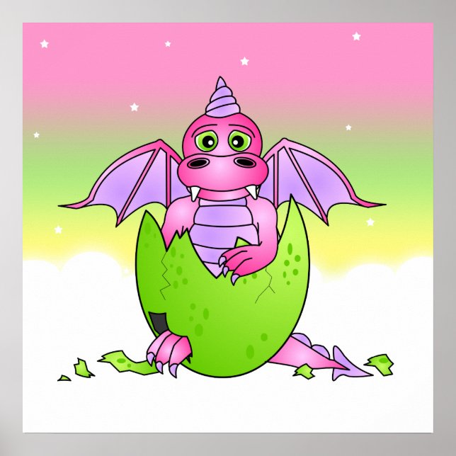 Cute Dragon Baby in Cracked Egg - Pink / Purple Poster (Front)