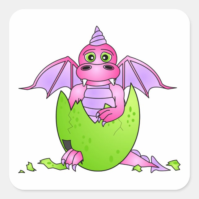 Cute Dragon Baby in Cracked Egg - Pink / Purple Square Sticker (Front)