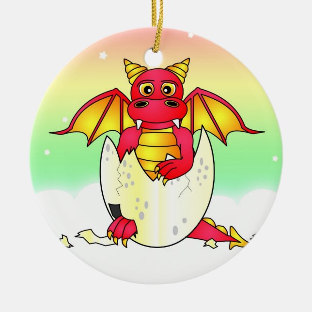 Cute Dragon Baby in Cracked Egg - Red / Yellow Ceramic Tree Decoration (Front)