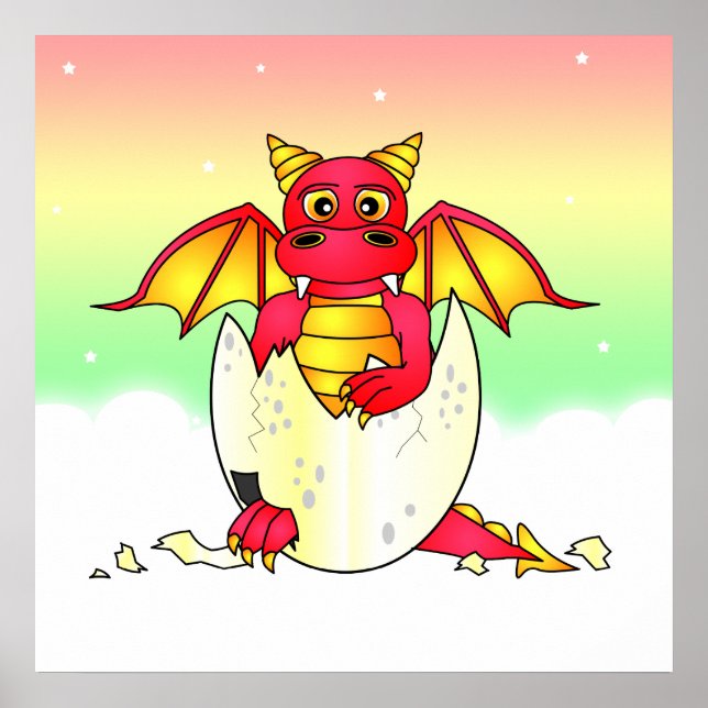 Cute Dragon Baby in Cracked Egg - Red / Yellow Poster (Front)