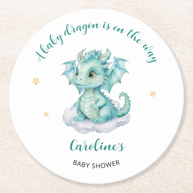 Cute Dragon Baby Shower Round Paper Coaster (Front)