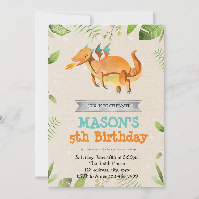 Cute dragon birthday party invitation (Front)