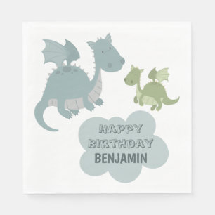 Cute Dragon Blue Green Personalised Name Birthday Napkin