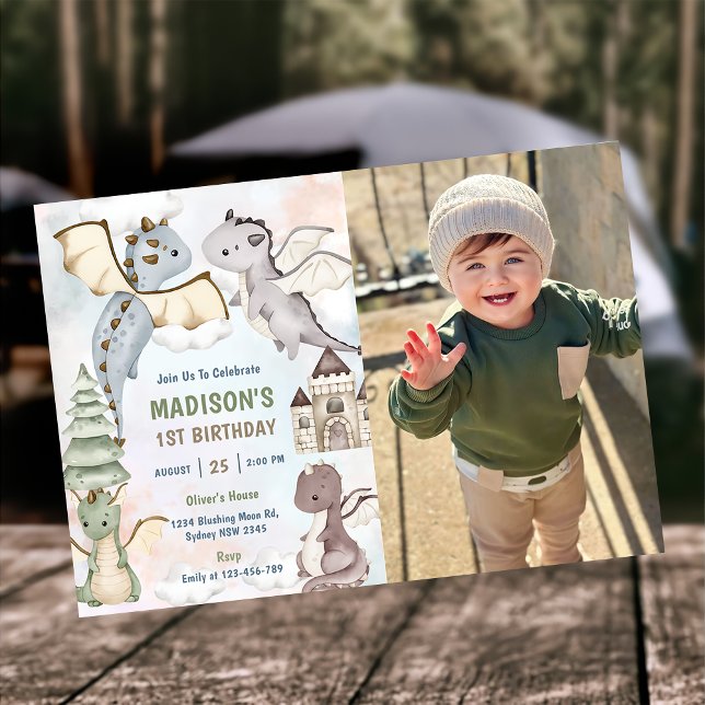 Cute Dragon Boy 1st Birthday Party Photo  Invitation (Creator Uploaded)