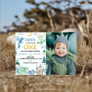 Cute Dragon Boy 1st Birthday Photo Invitation