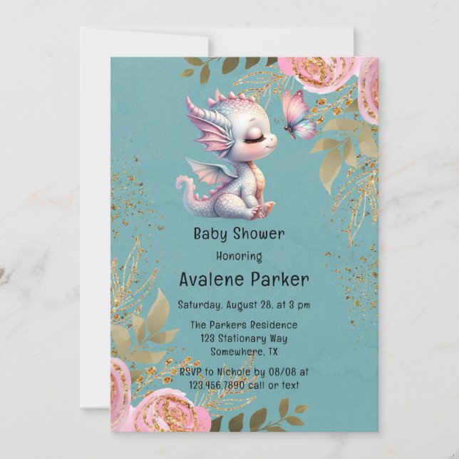 Cute Dragon & Butterfly Girl Baby Shower  Invitation (Front)
