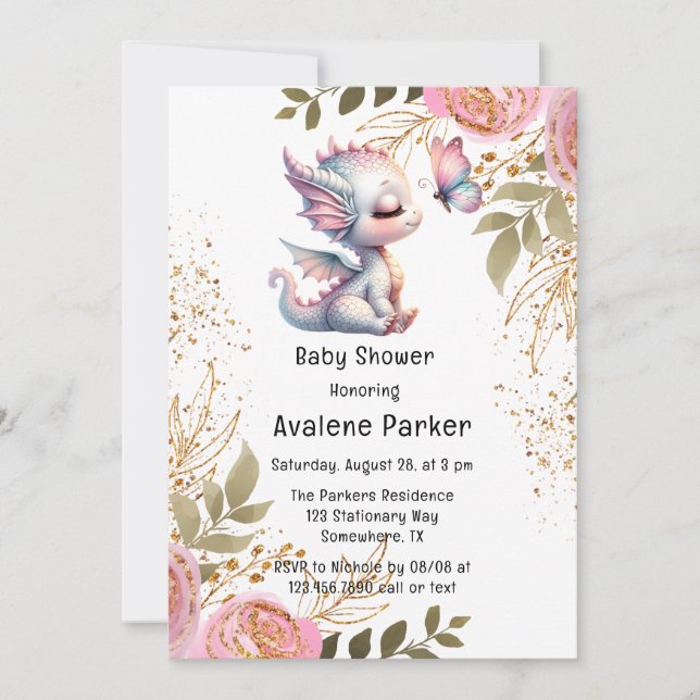 Cute Dragon & Butterfly Girl Baby Shower  Invitation (Front)